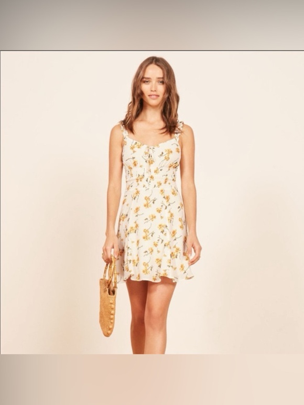 Reformation Elyse White Floral Mini Dress with Yellow Floral Print